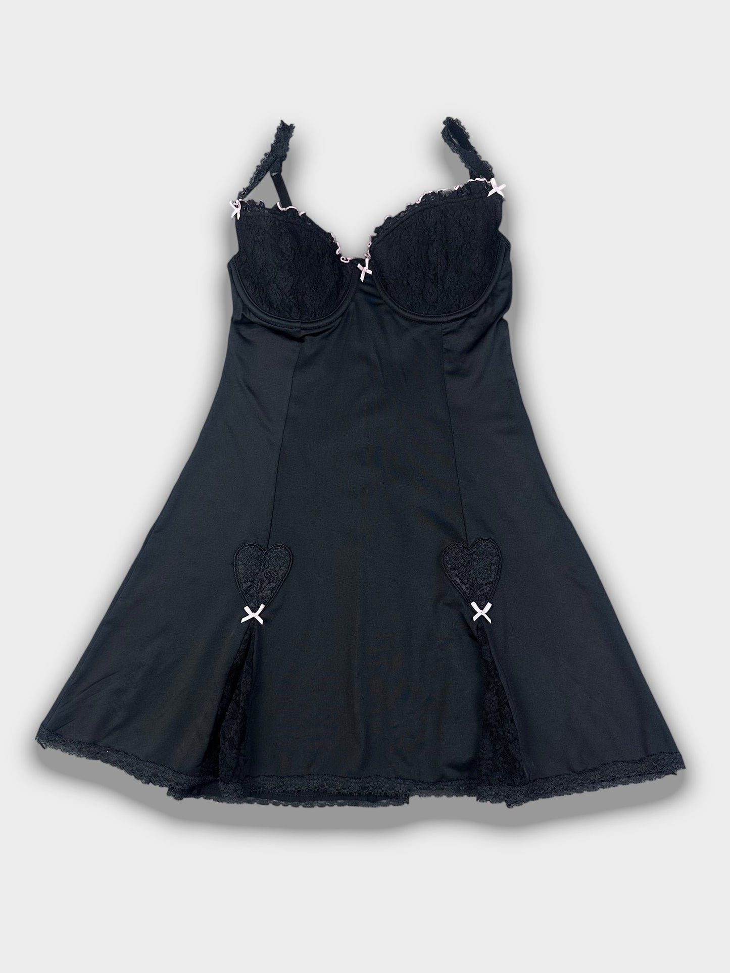 Vintage Y2K Noir Lace Corset Mini Dress — Black Lingerie Slip with Heart Appliqué