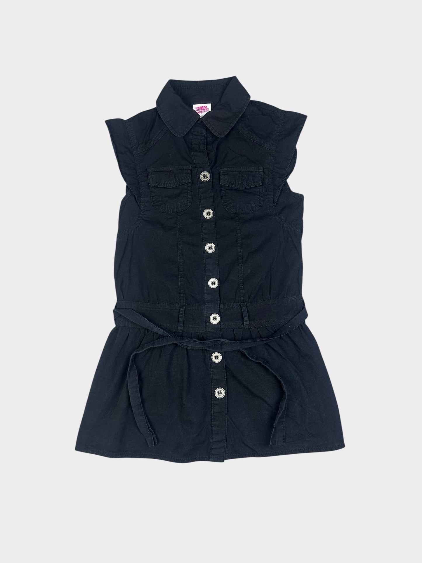 Vintage Black Cotton Sleeveless Button-Down Collared Mini Dress — Belted Shirt Dress