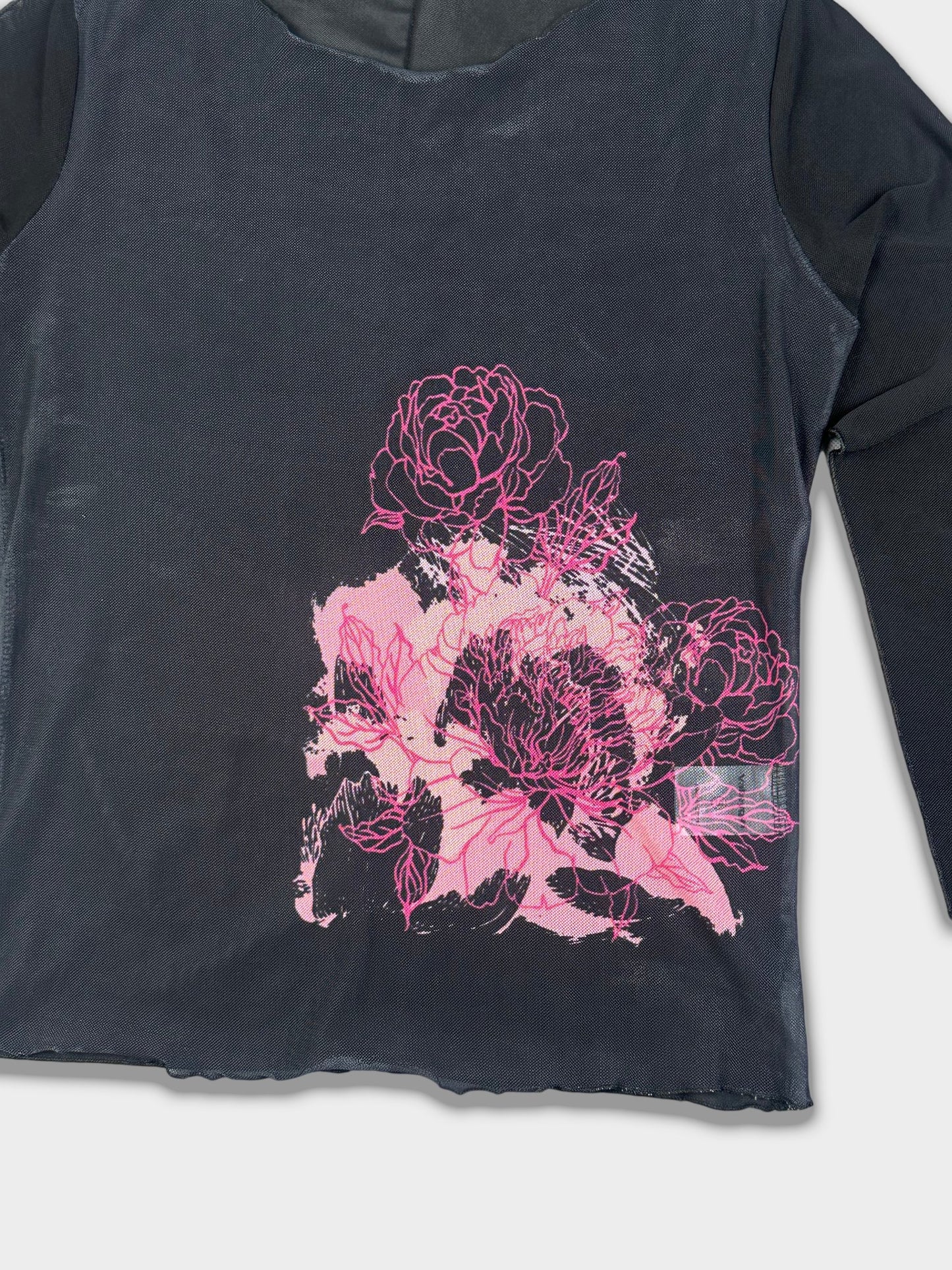 Vintage Black Floral Long Sleeve Top Y2K Graphic Layered Tee