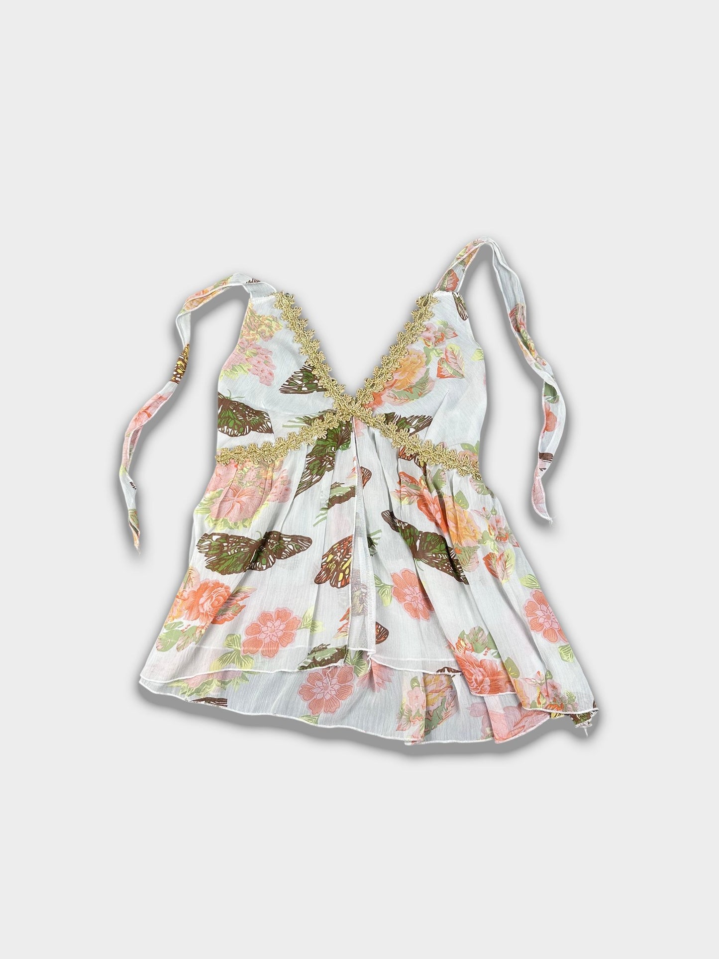 Vintage Floral Butterfly Cami with Gold Glitter Trim — Sheer Boho Tie‑Strap Top
