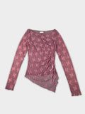Vintage Mauve Flocked Floral Mesh Top Asymmetric Ruched Long Sleeve