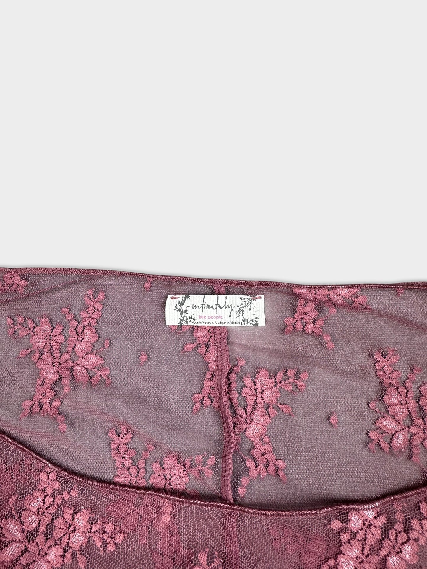 Vintage Mauve Flocked Floral Mesh Top Asymmetric Ruched Long Sleeve