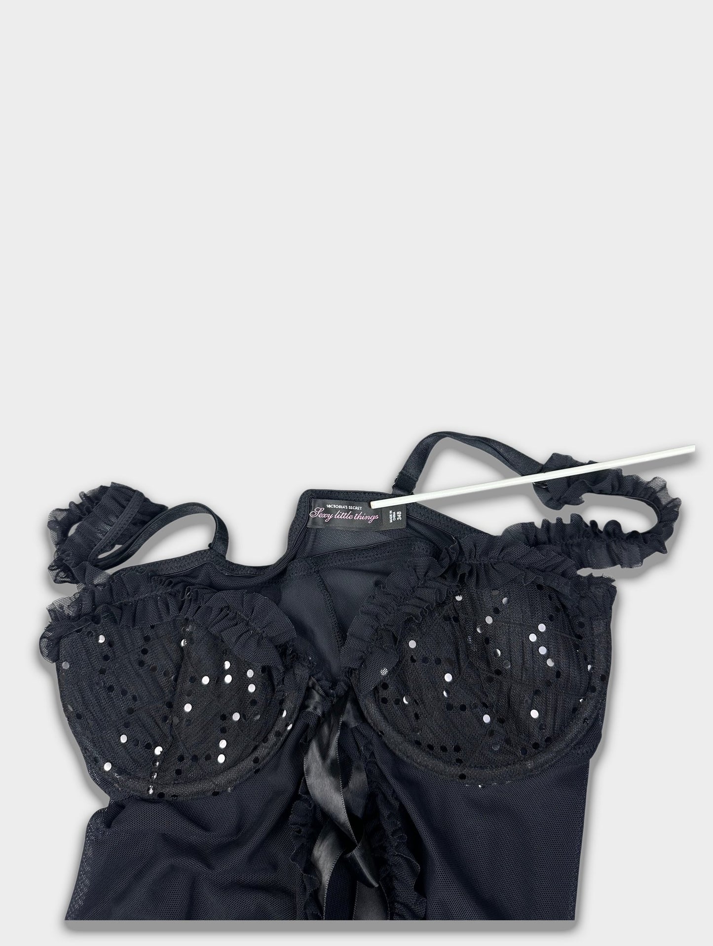 Vintage Black Lace Bustier Camisole Ribbon Sequin Lingerie