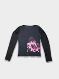 Vintage Black Floral Long Sleeve Top Y2K Graphic Layered Tee