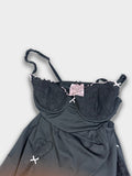 Vintage Y2K Noir Lace Corset Mini Dress — Black Lingerie Slip with Heart Appliqué