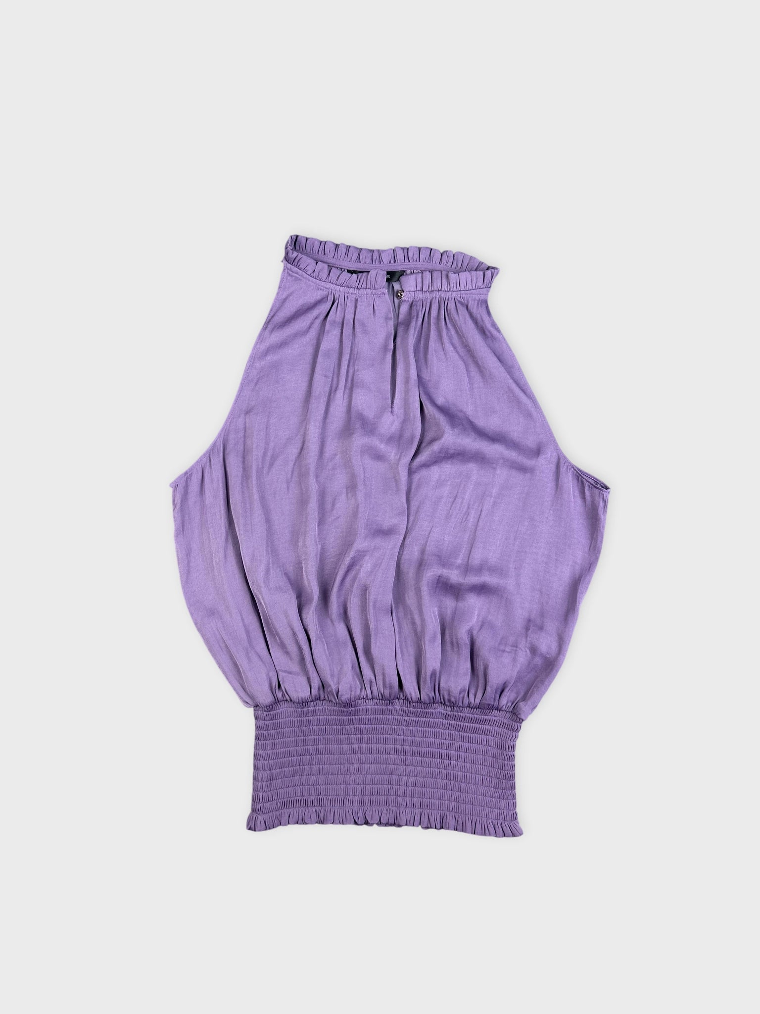 Purple balloon top with a smocked hem in front view