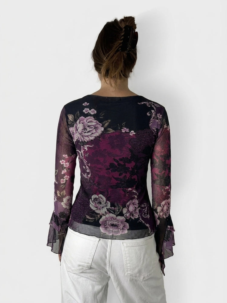Purple Floral Lace Top with Romantic Bell Sleeves (M)