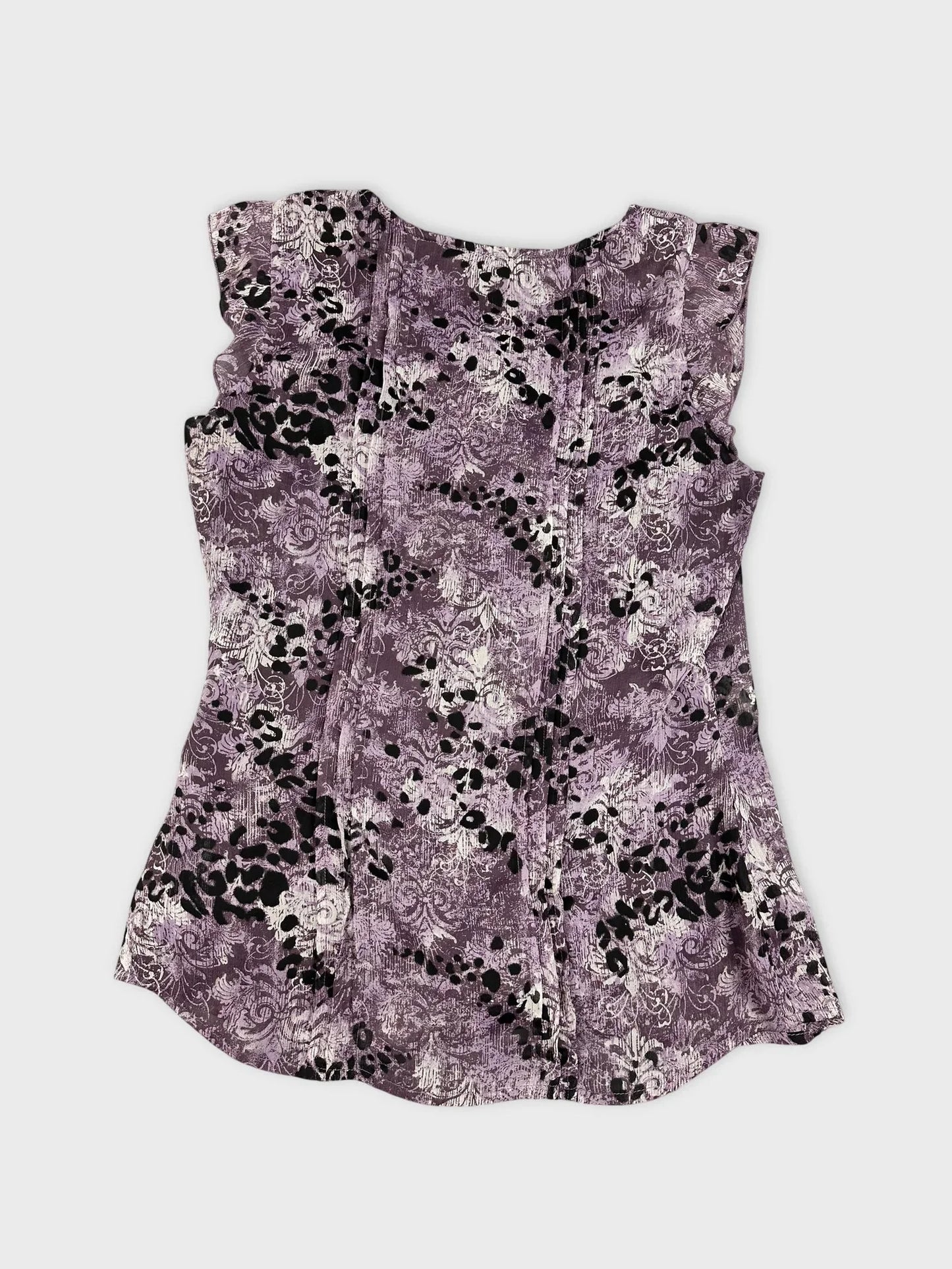 Back view of purple floral lace top with keyhole detail