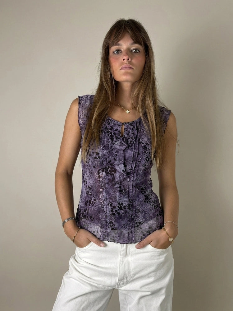 Purple Floral Lace Top with Keyhole (M)