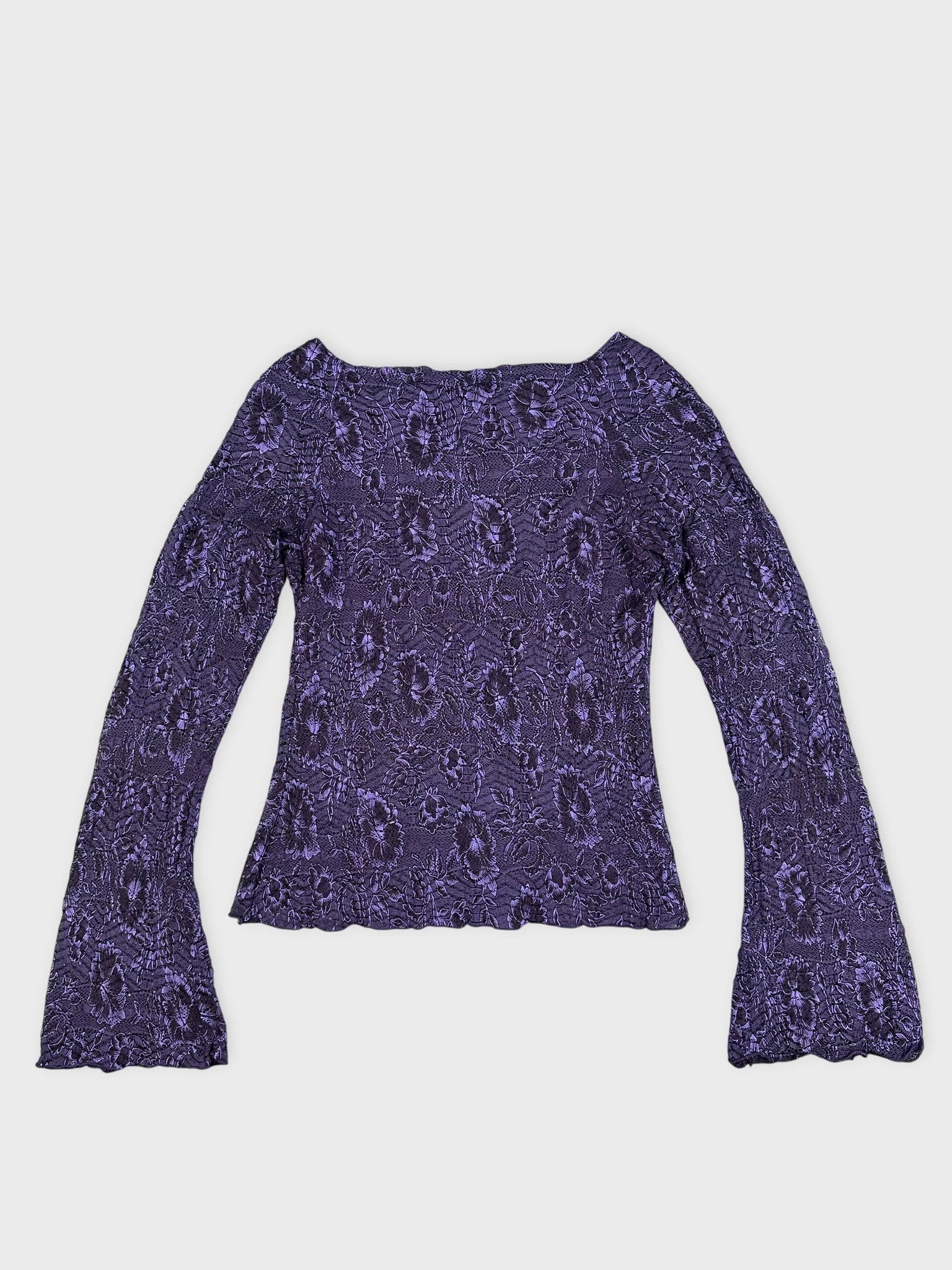 Back view of a purple lace long-sleeve crop top with flared sleeves.