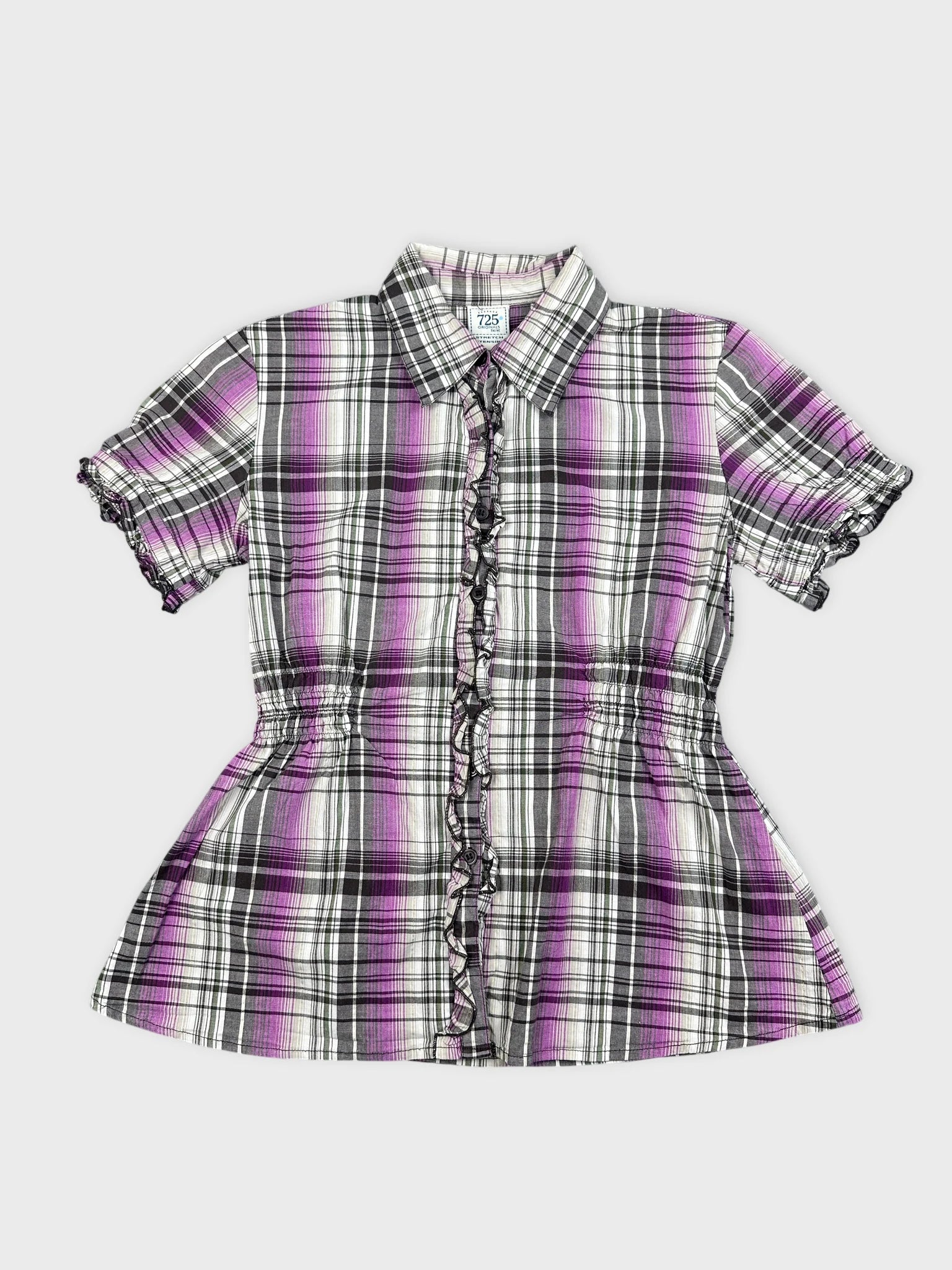 Front view of a purple plaid button-up peplum shirt with ruffled trim.