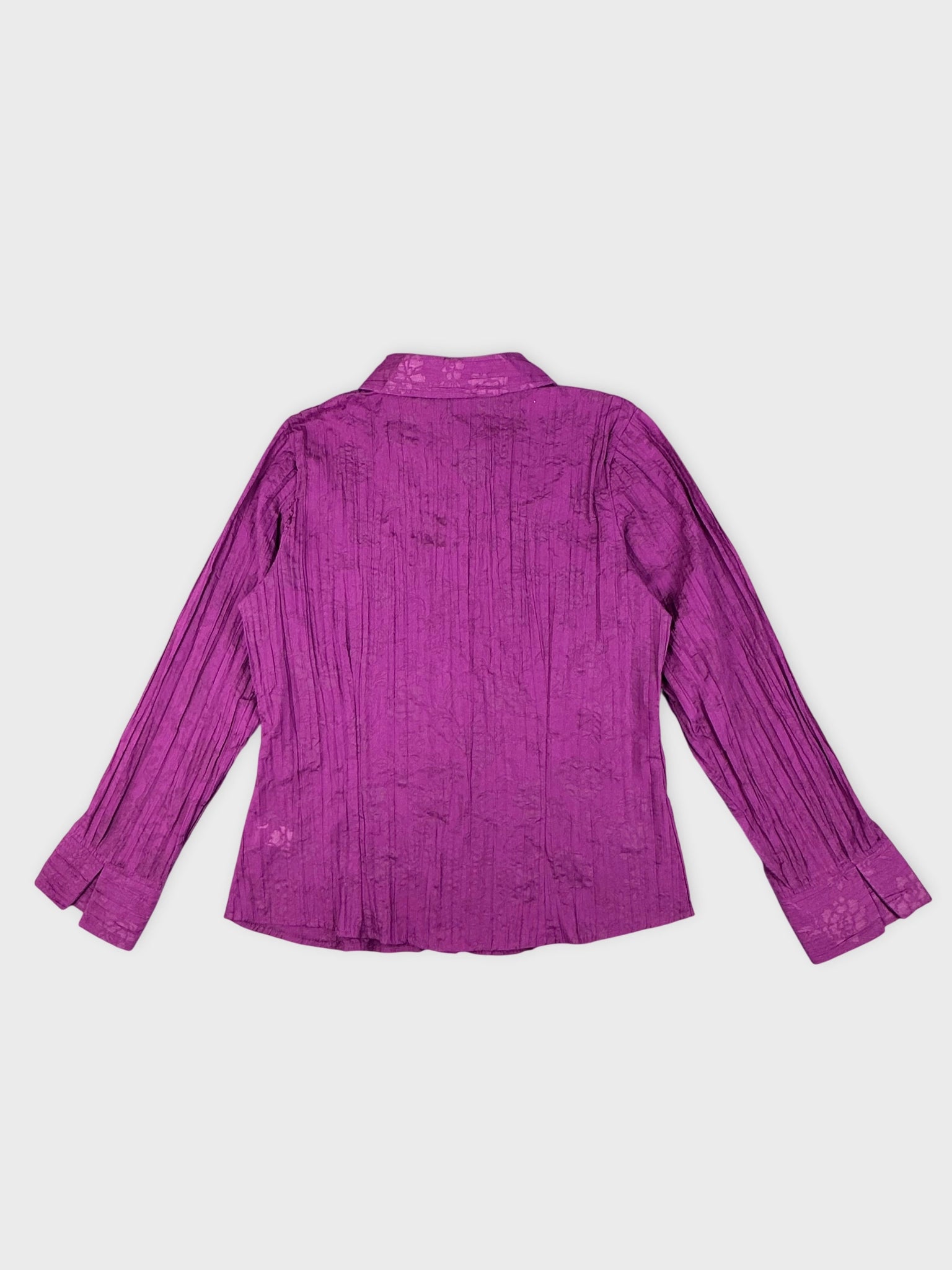 Back view of a purple striped shirt with textured fabric details.