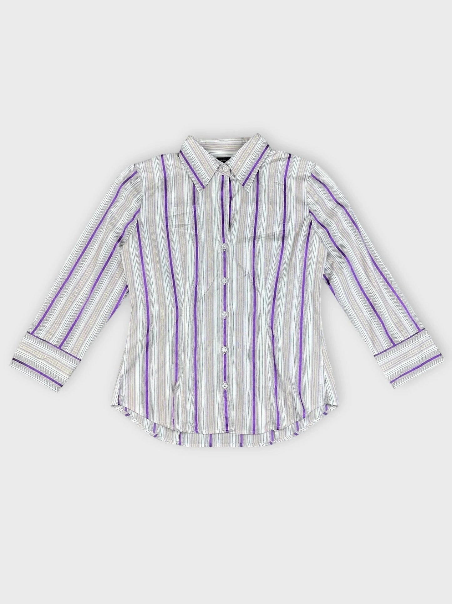 Purple striped fitted blouse with sheen in front view, featuring a button-up design.