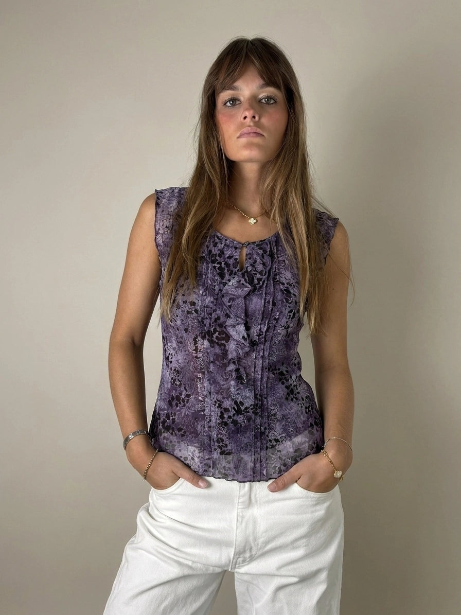 Purple Floral Lace Top with Keyhole (M)
