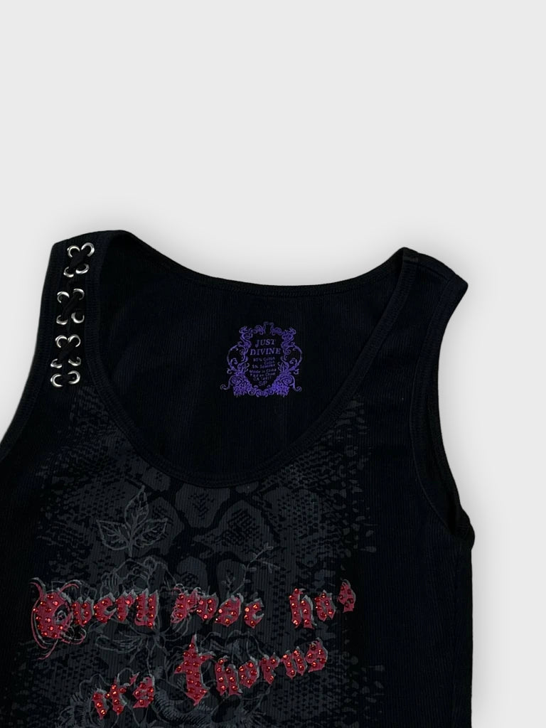 detail view, Just Divine Rock Rhinestone Top, vintage Y2K second hand piece