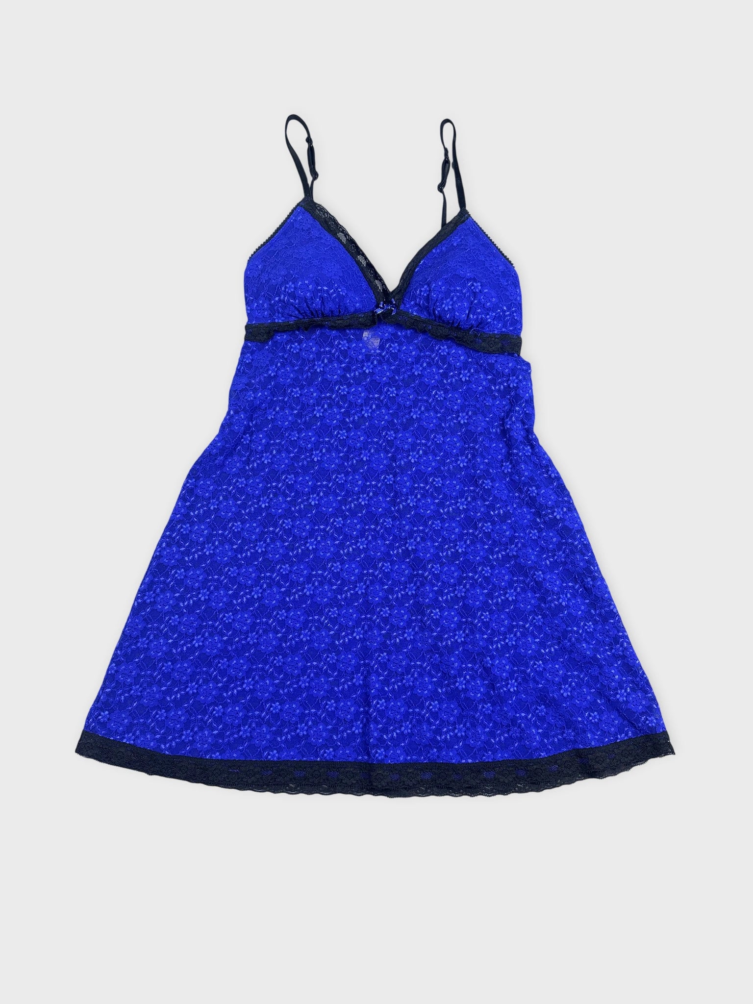 Royal blue mini dress with black lace trim front view