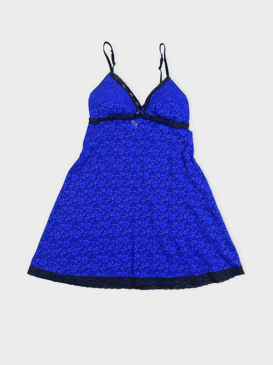 Royal blue mini dress with black lace trim front view