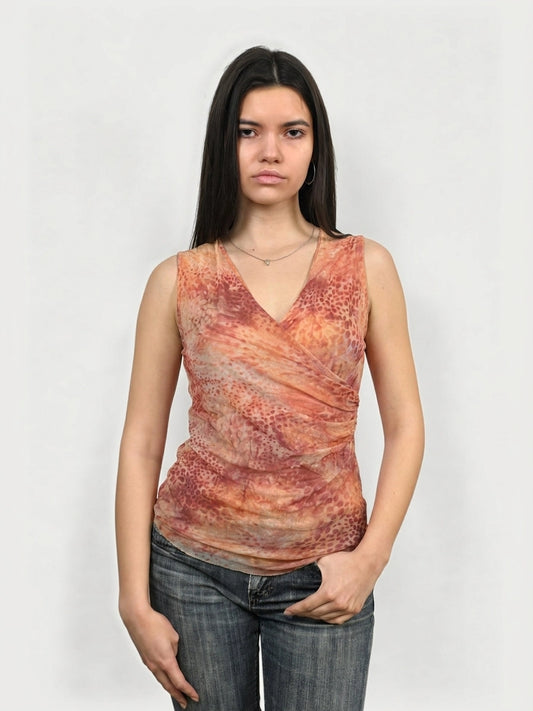 Rust tie-dye ruched top with a v-neckline, front view.