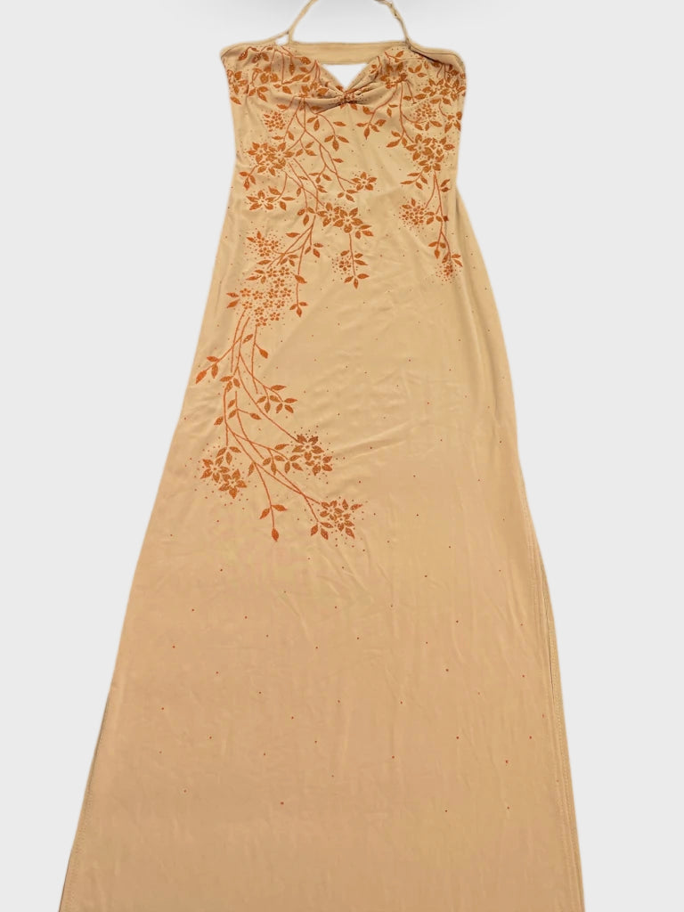 detail view, Sabora Yellow Floral Halter Maxi Dress, vintage Y2K second hand piece