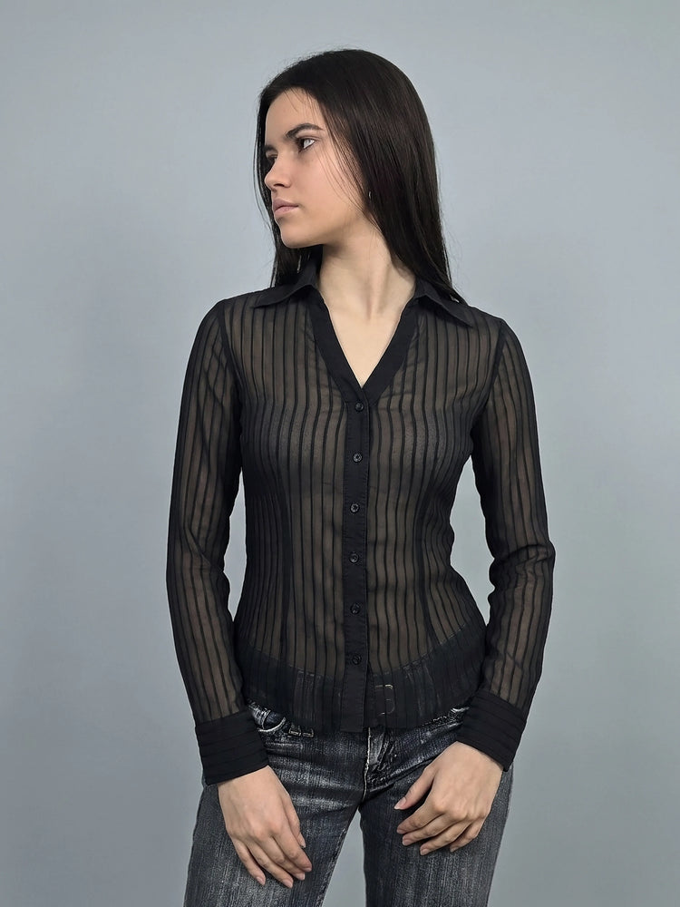 Sheer Black Body Shirt with Pinstripes (L)