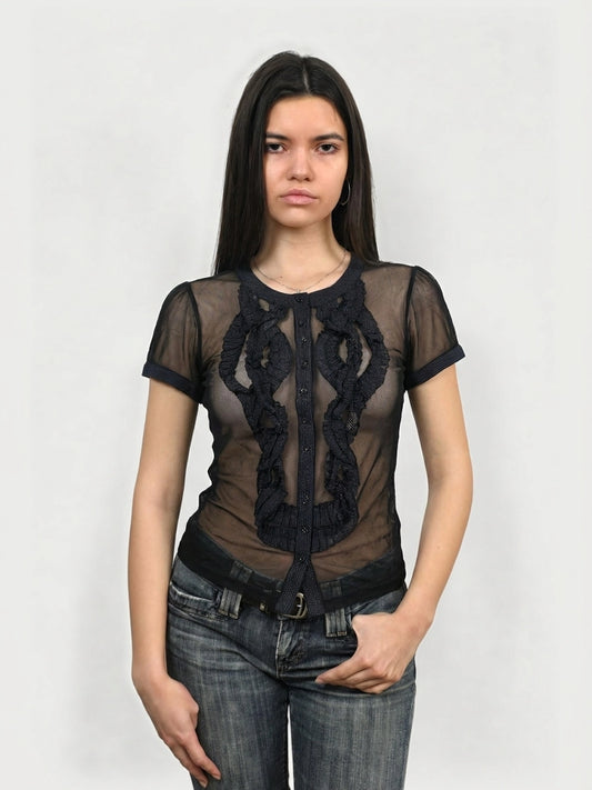 Front view of sheer black button-up top with ruffle detail.