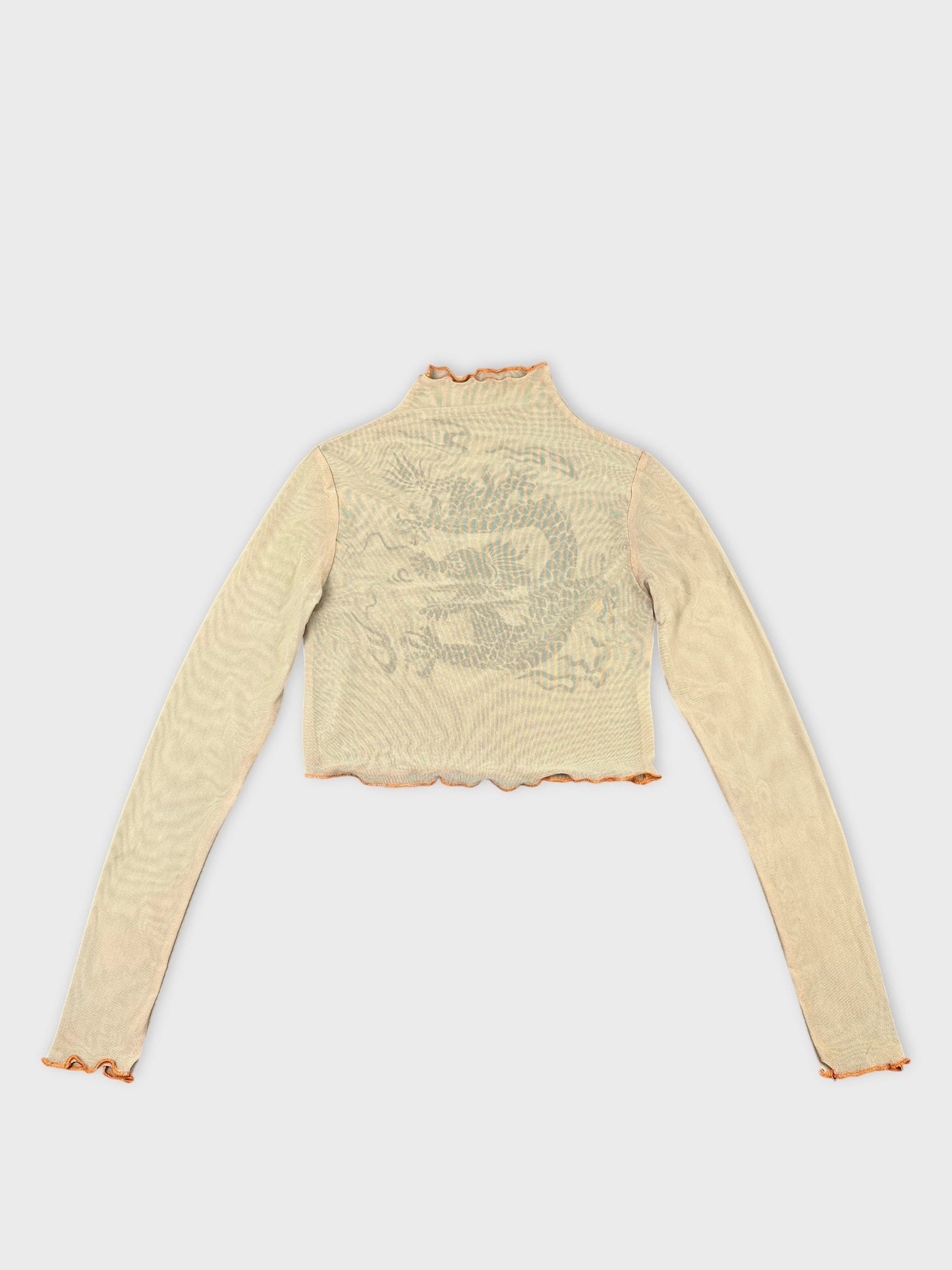 Back view of a sheer long sleeve top in cream with dragon print.