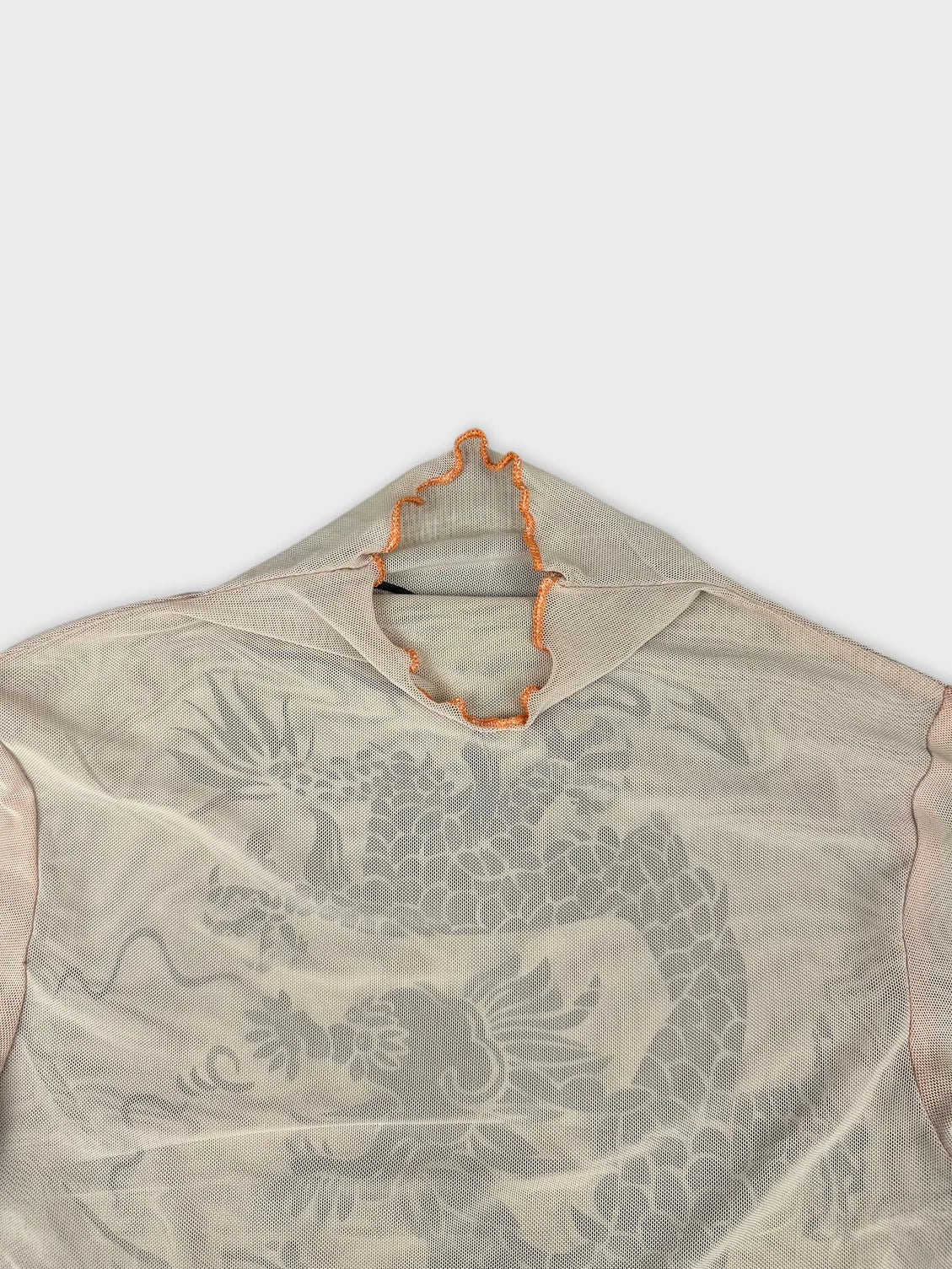 Detail view of a sheer long sleeve top in beige with dragon print.