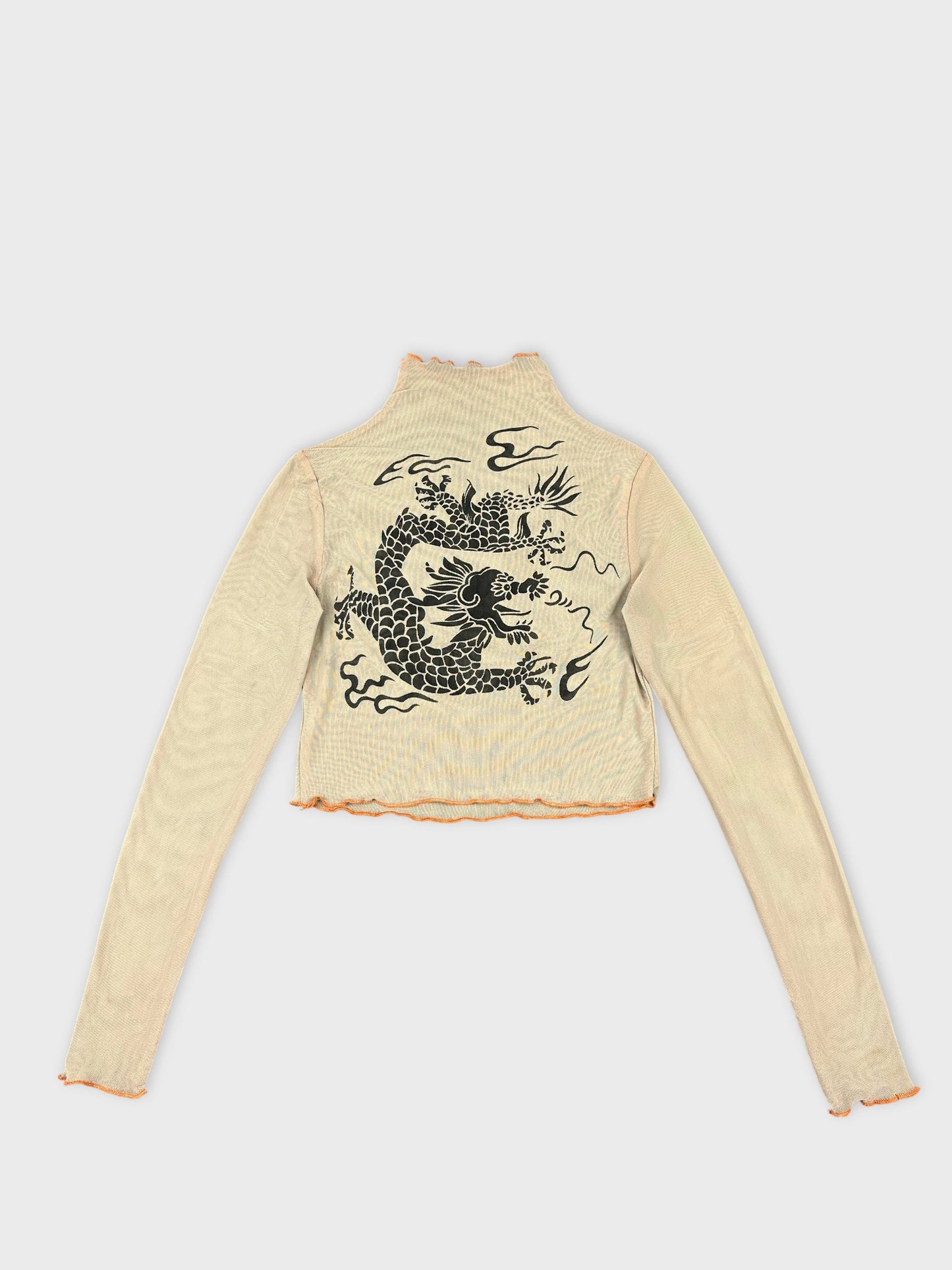 Front view of sheer long sleeve top with dragon print in beige.