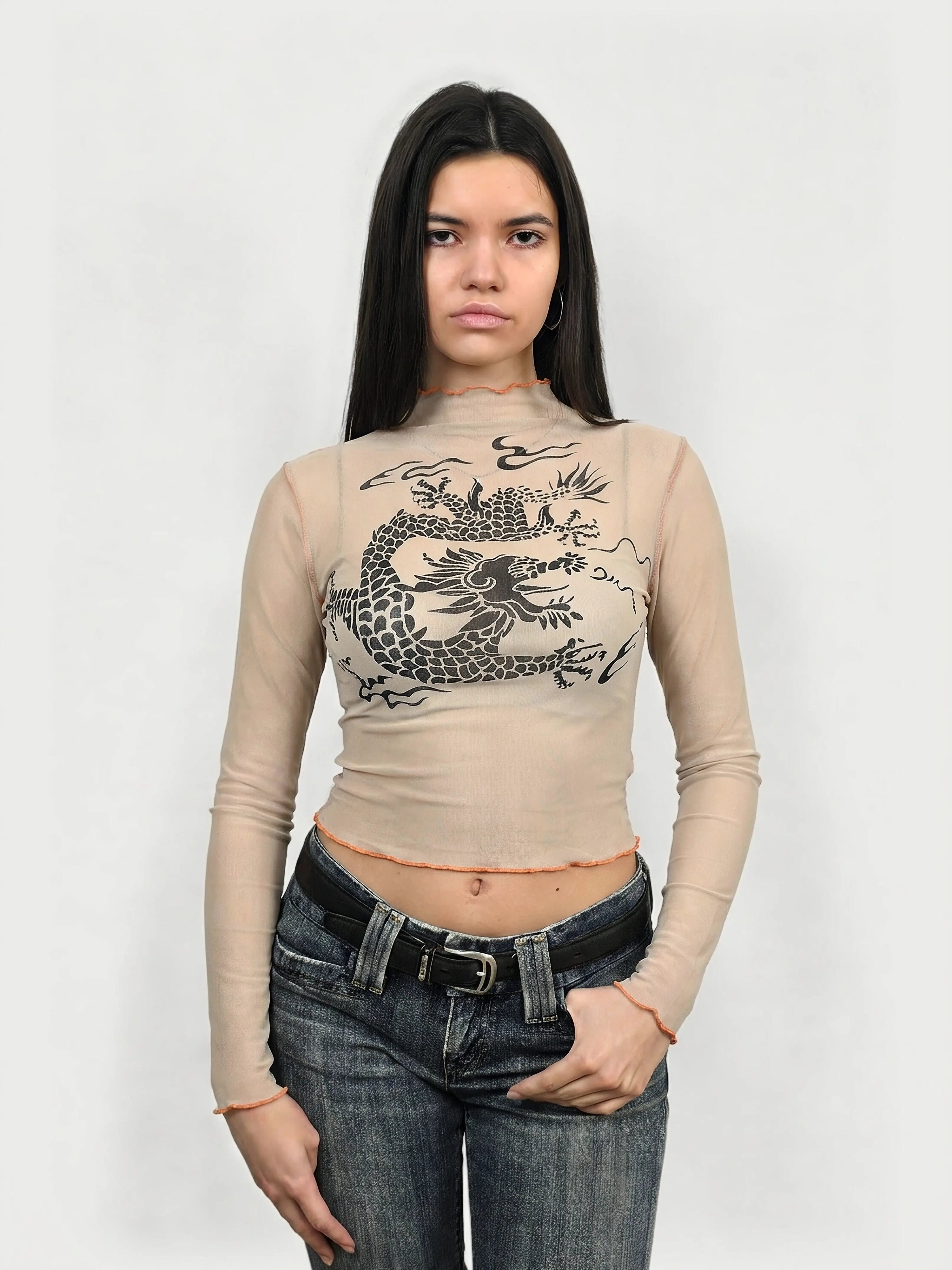 Sheer long sleeve top in beige with dragon print, front view.