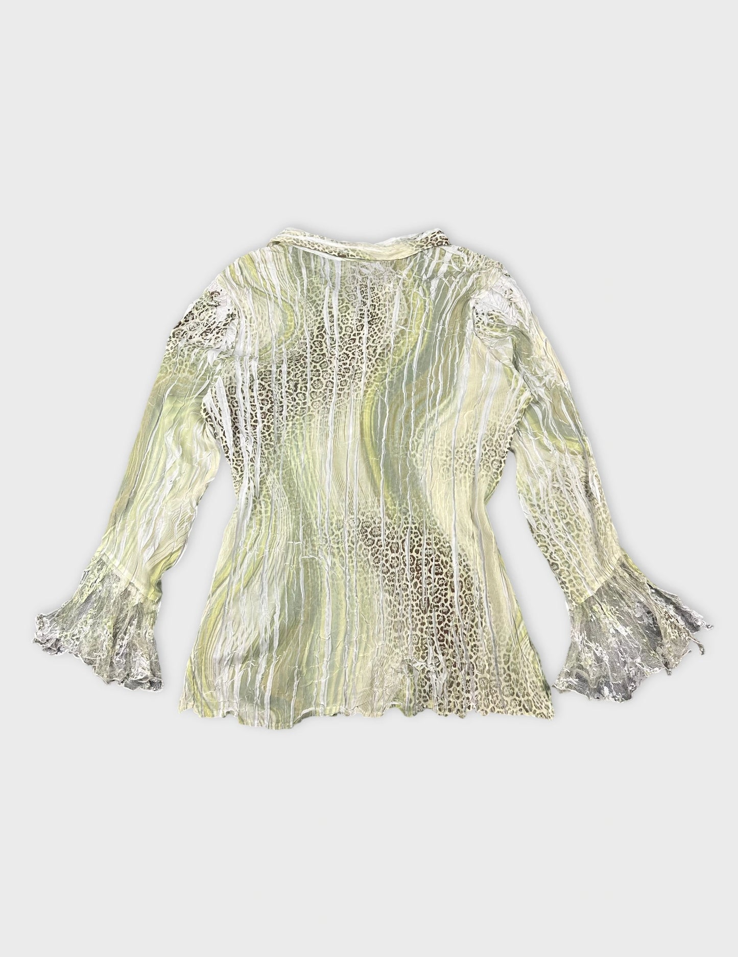 Back view of a sheer green button-up top with lace sleeves.