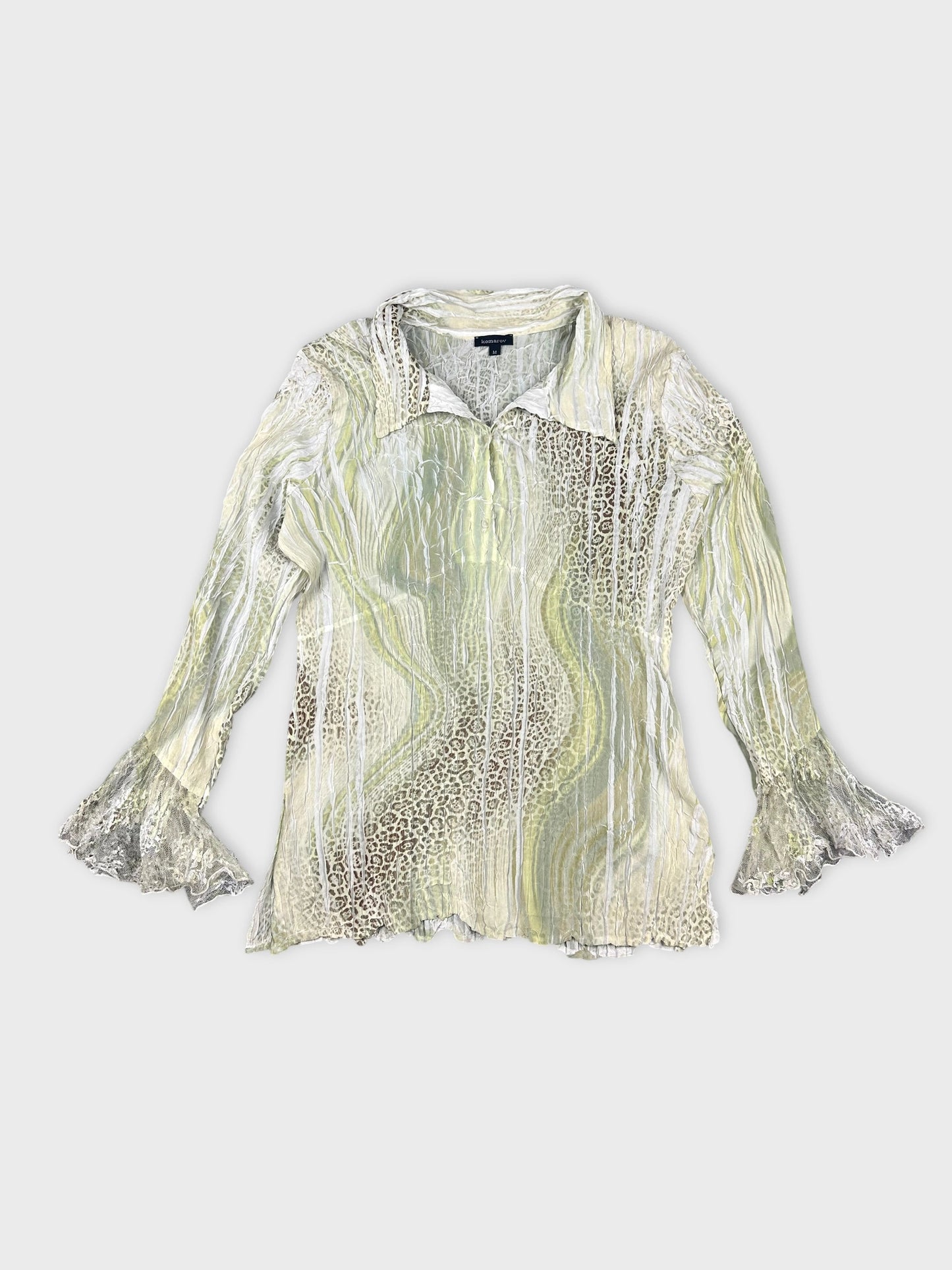 Sheer green button-up top with lace sleeves front view