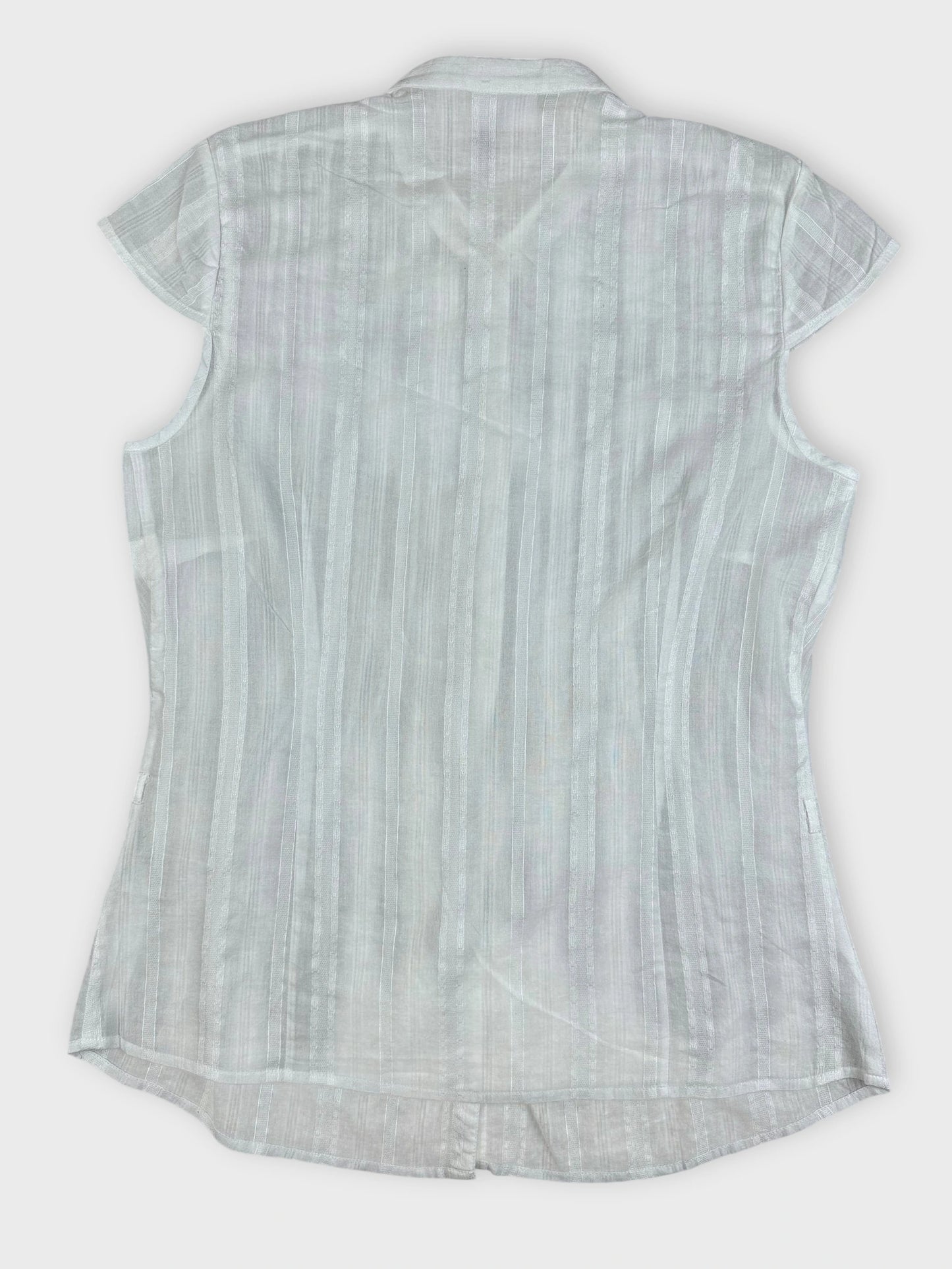 Back view of a sheer white blouse featuring pintuck detailing and cap sleeves.