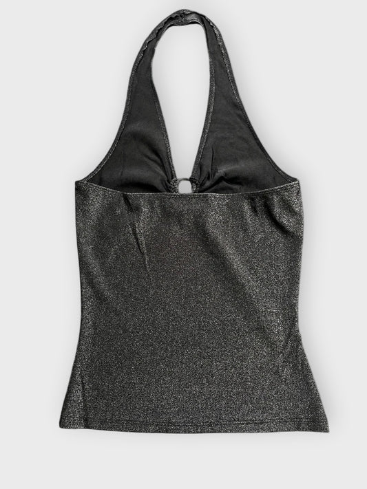 back view, Venus Shimmering Black Halter Top with Rhinestone Ring Accent, vintage Y2K second hand piece