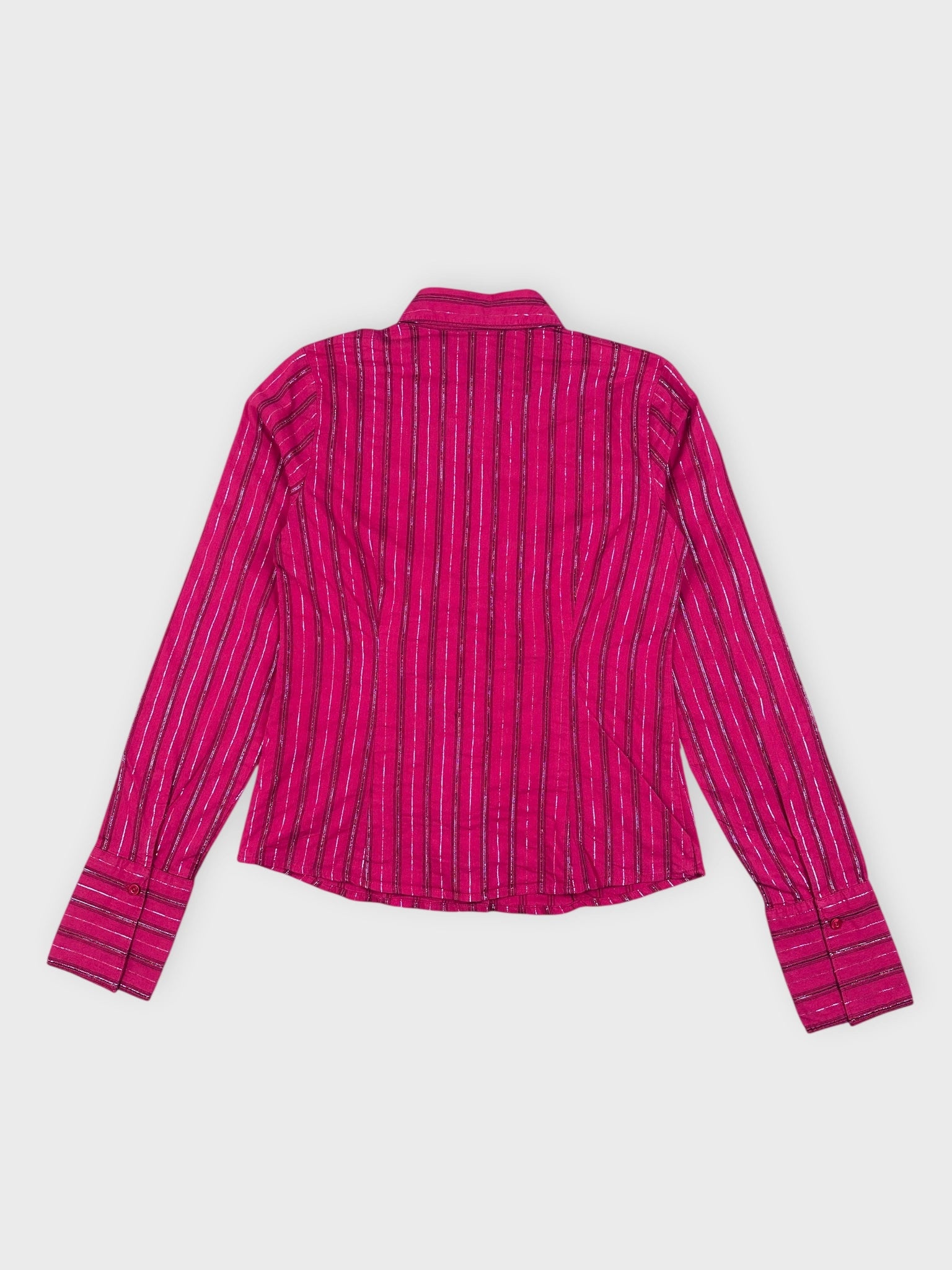 Back view of a pink long sleeve shirt with silver vertical stripes.