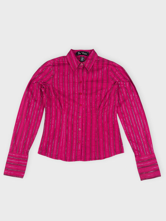 Shimmering pink long sleeve shirt with silver vertical stripes front view
