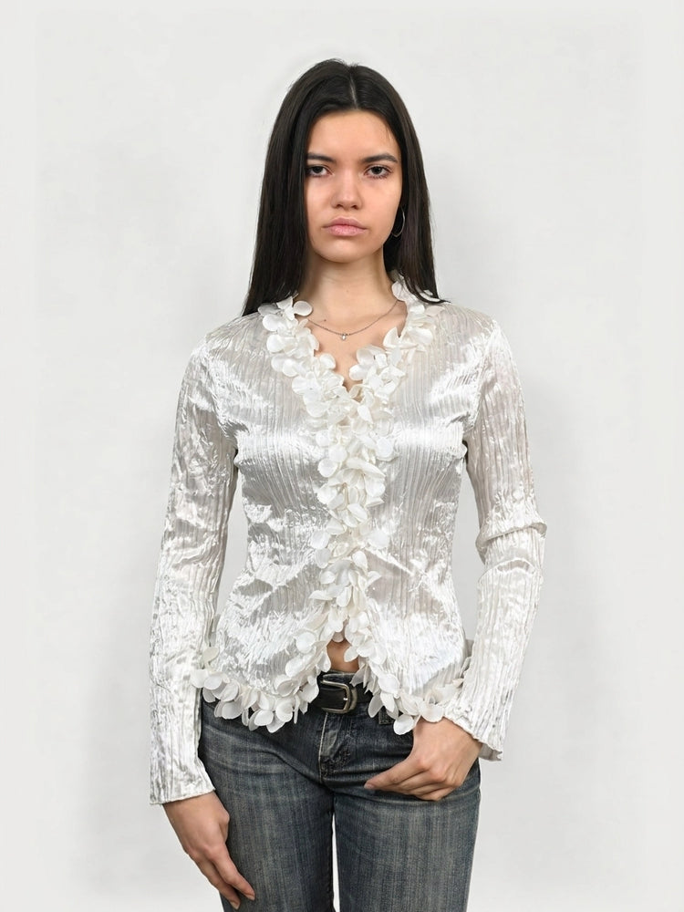 Shiny Long Sleeve Blouse with Floral Trim (L)