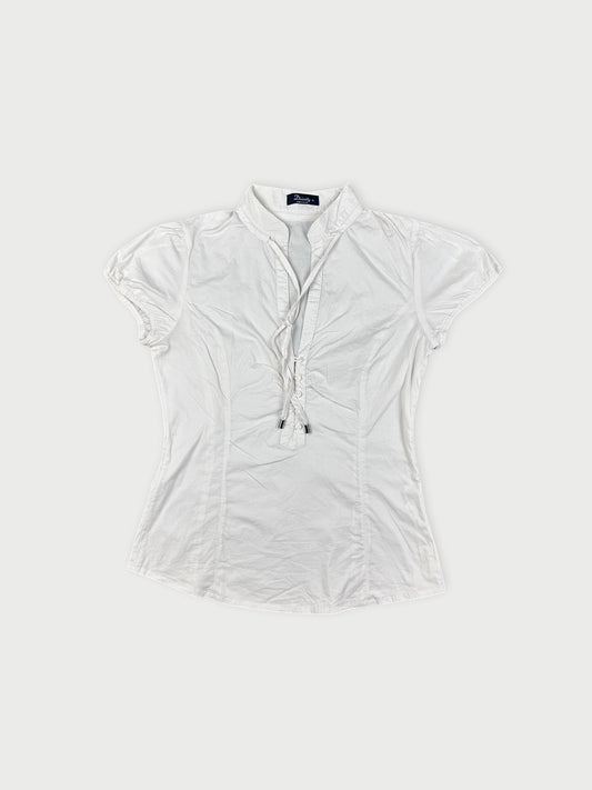 Short-sleeve white blouse with gathered detail at the neckline front view.