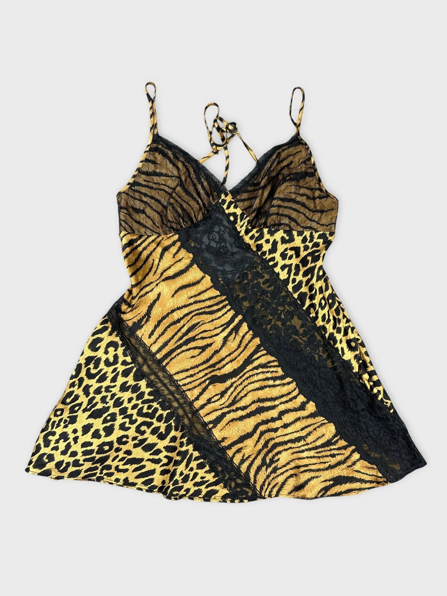 Front view of a brown silk camisole with animal print and lace detail.