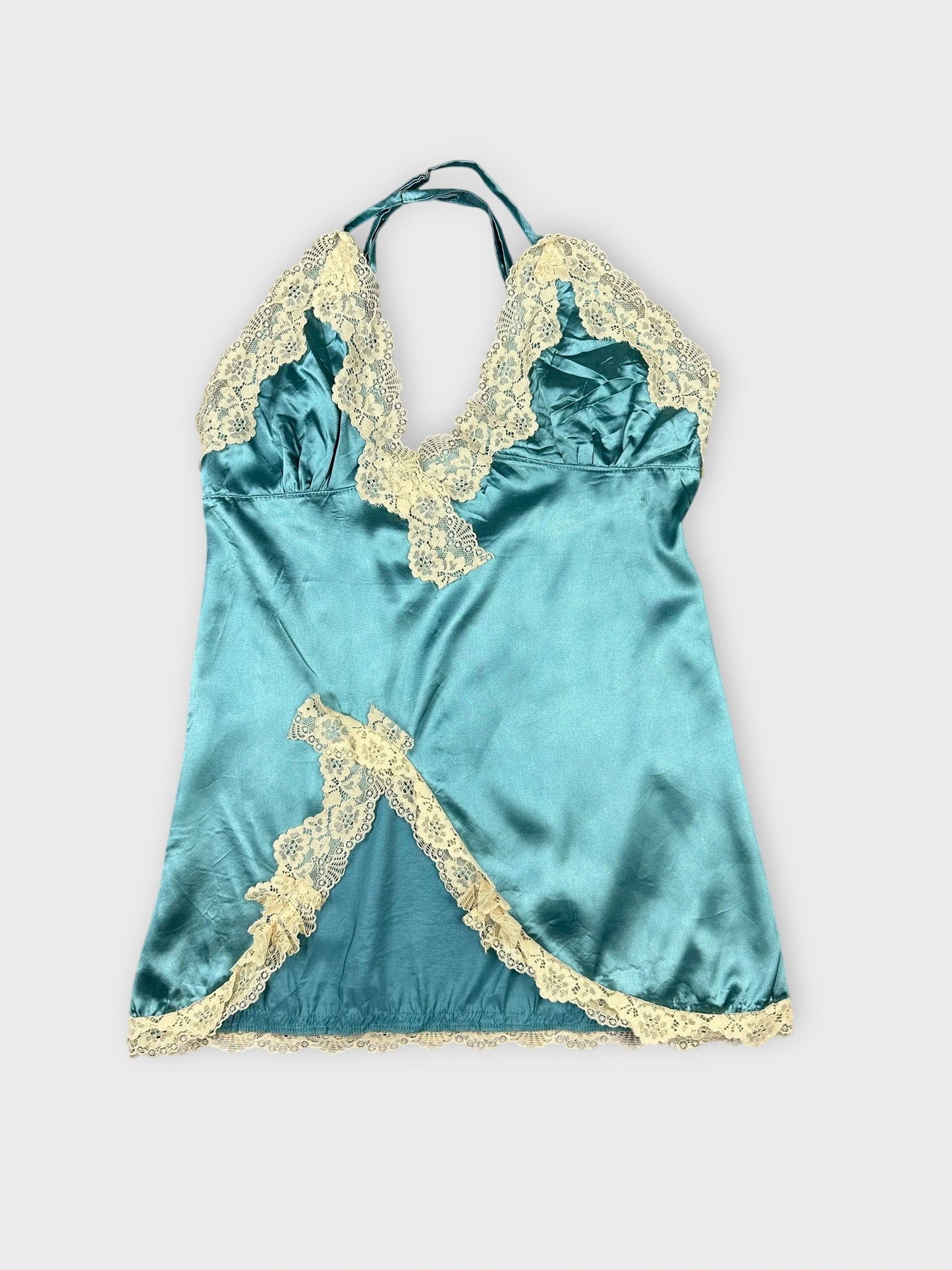 Silk blue camisole with lace trim front view