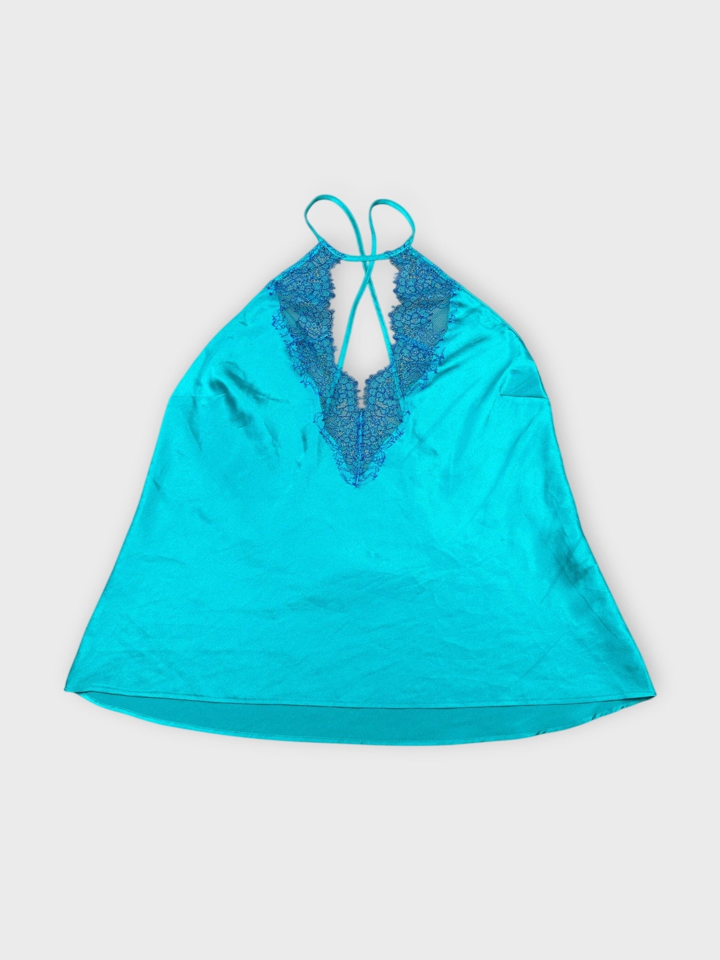 Aqua silk halter top with lace trim shown in front view.