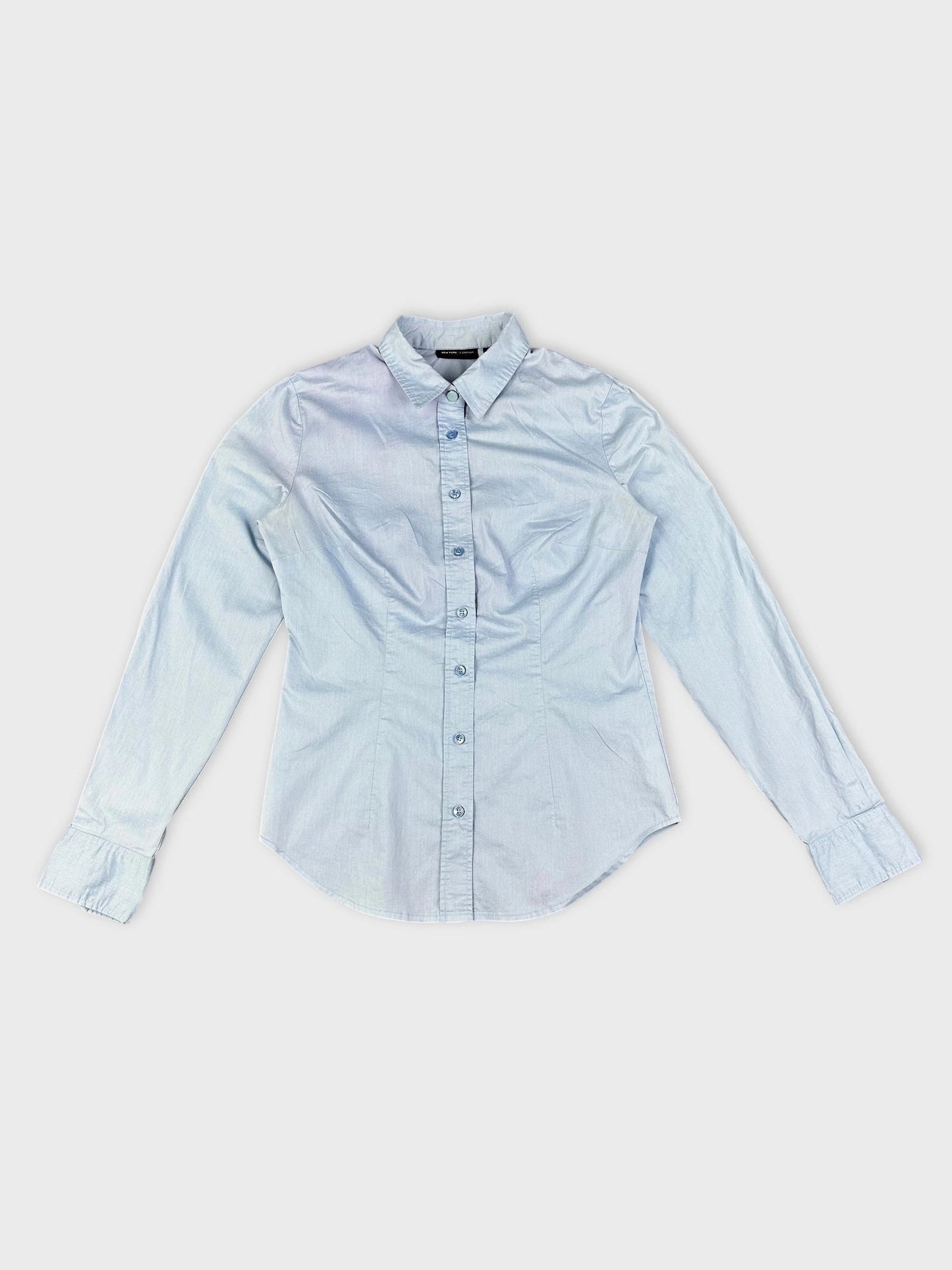 Sky blue button-up shirt with a classic cut front view.