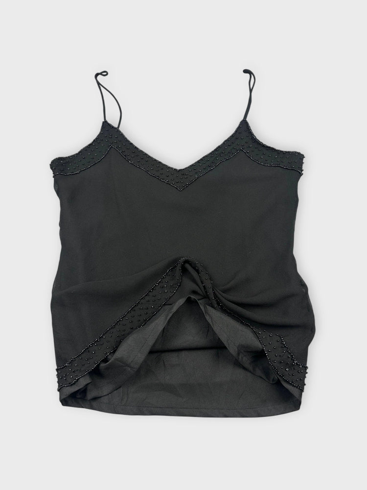 Chic Black Silk Cami with Lace Trim (S)