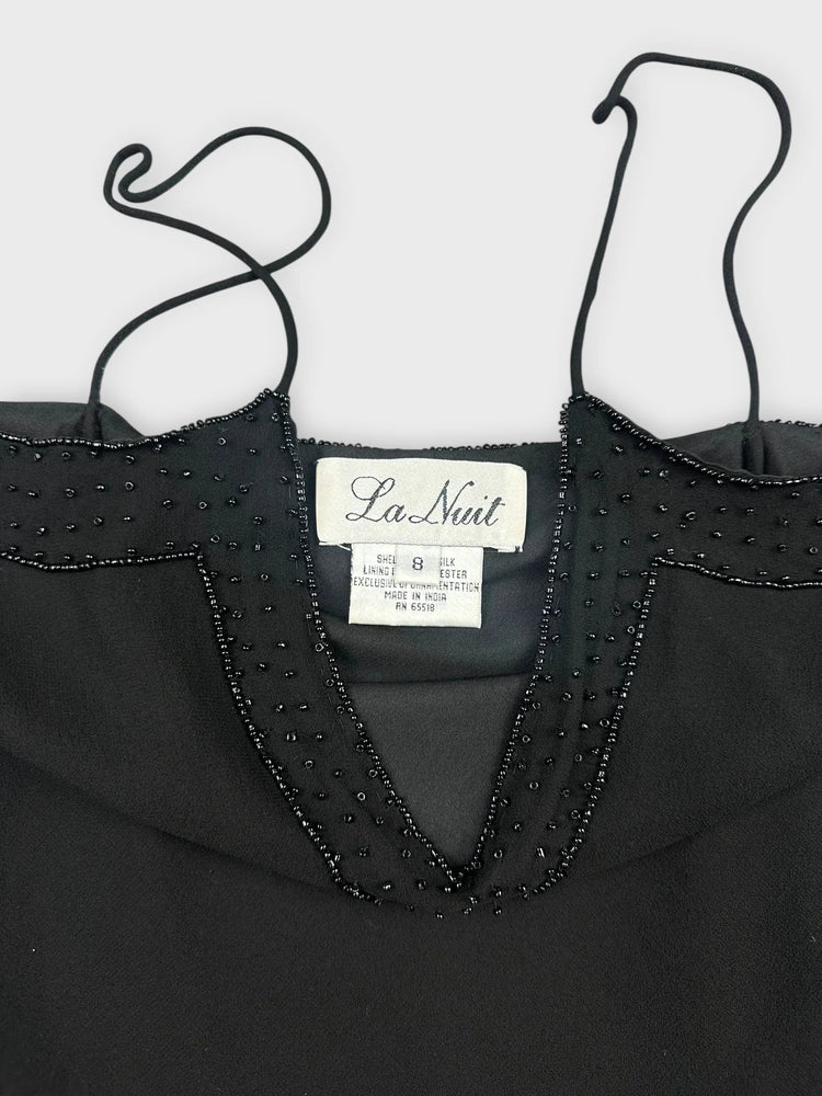 Chic Black Silk Cami with Lace Trim (S)