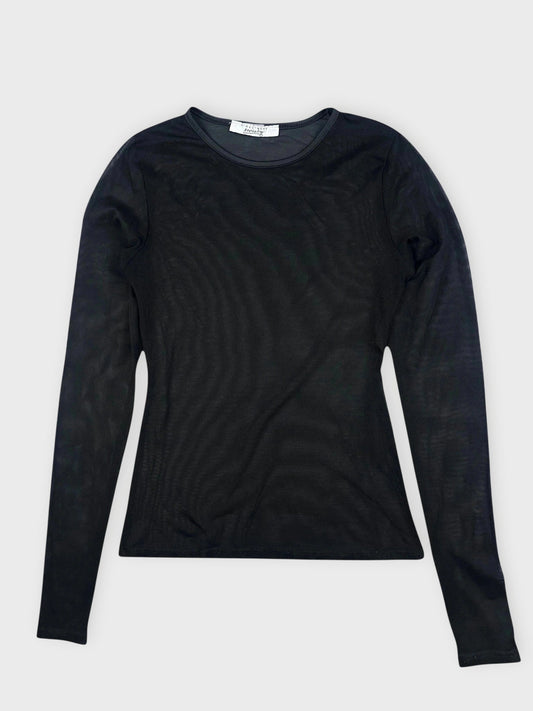 Front view of a sleek sheer black long-sleeve top with a fitted shape.