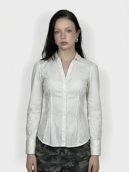 White long sleeve button-up shirt with detailed pintuck, front view.