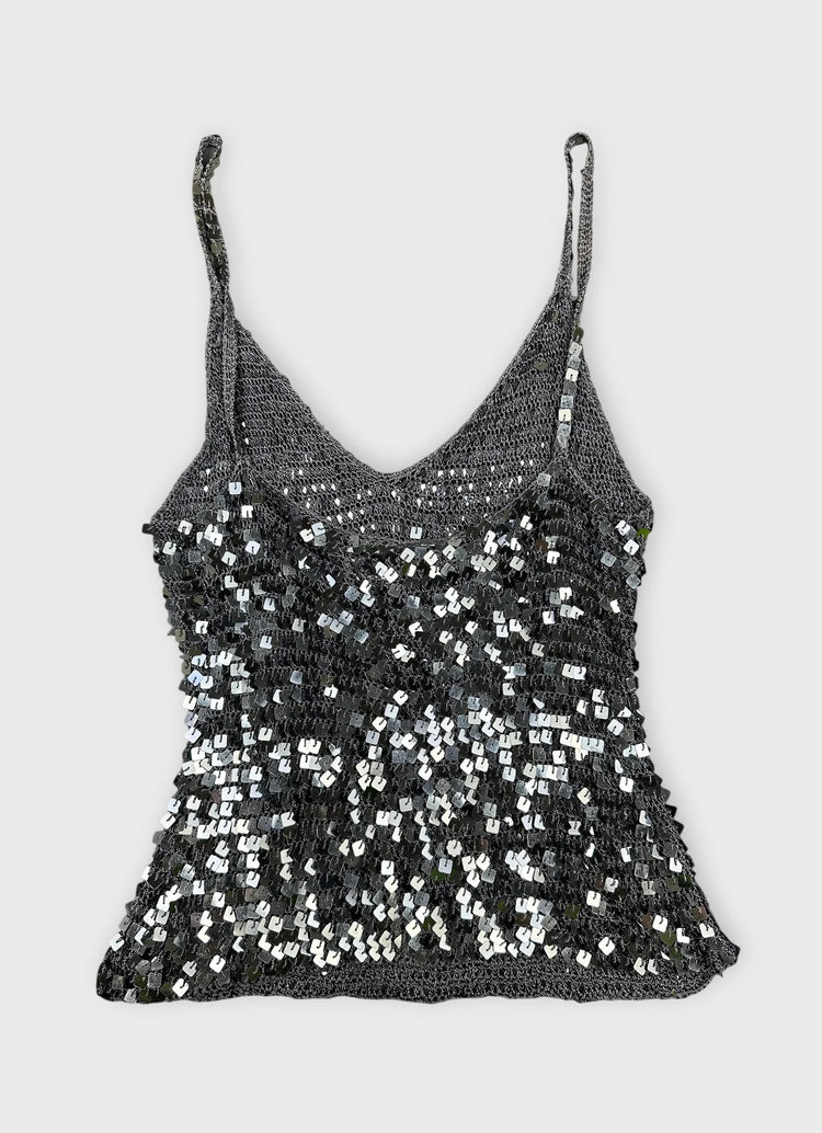Sparkly Silver Crop Top with Spaghetti Straps (S)