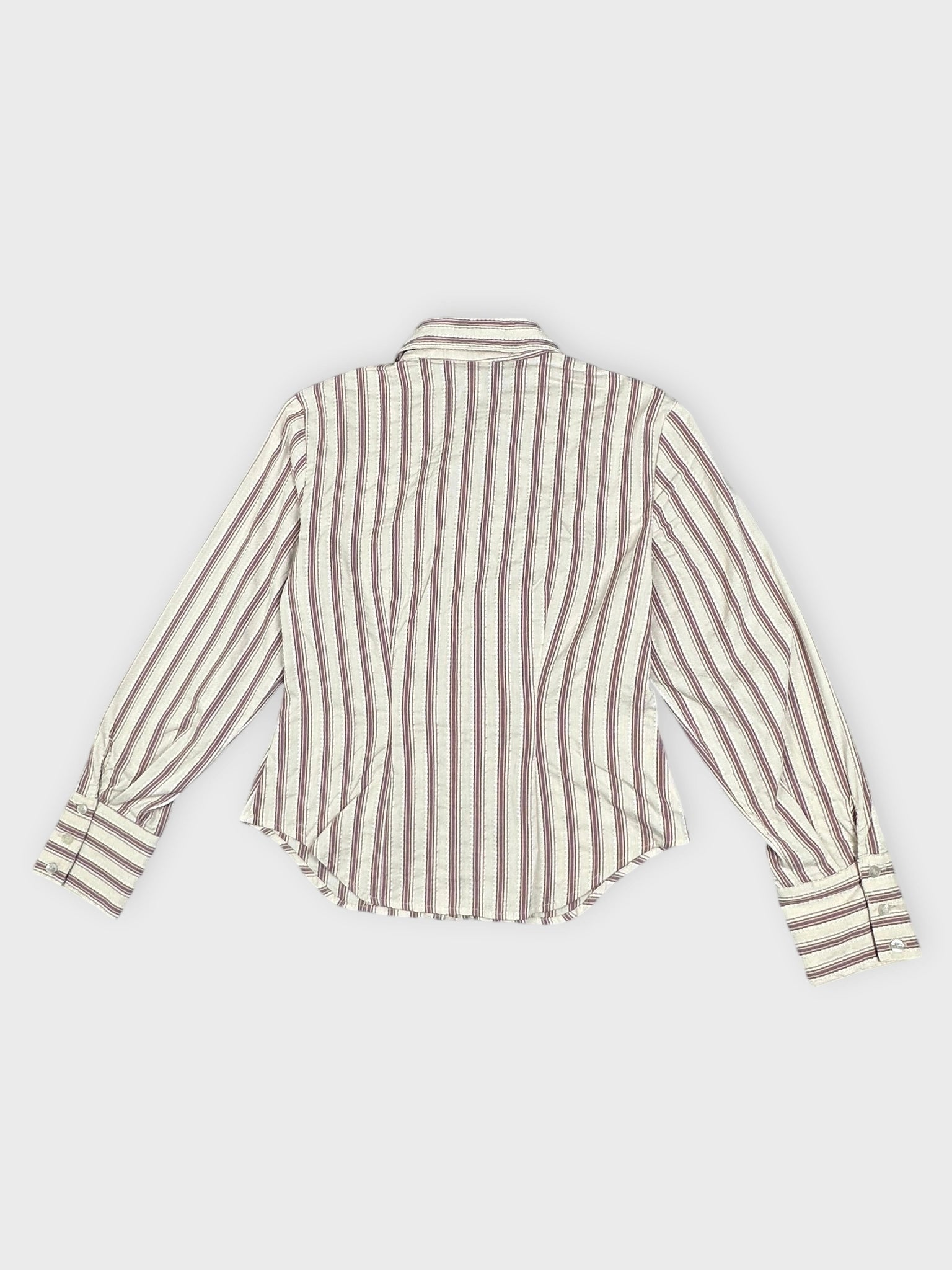 Back view of a striped button down shirt with floral detail in grey and burgundy.