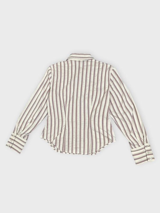 Back view of a striped button down shirt with floral detail in grey and burgundy.