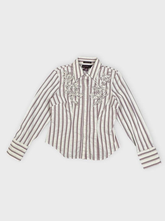 Front view of a striped button-down shirt with floral embroidery in gray and maroon.