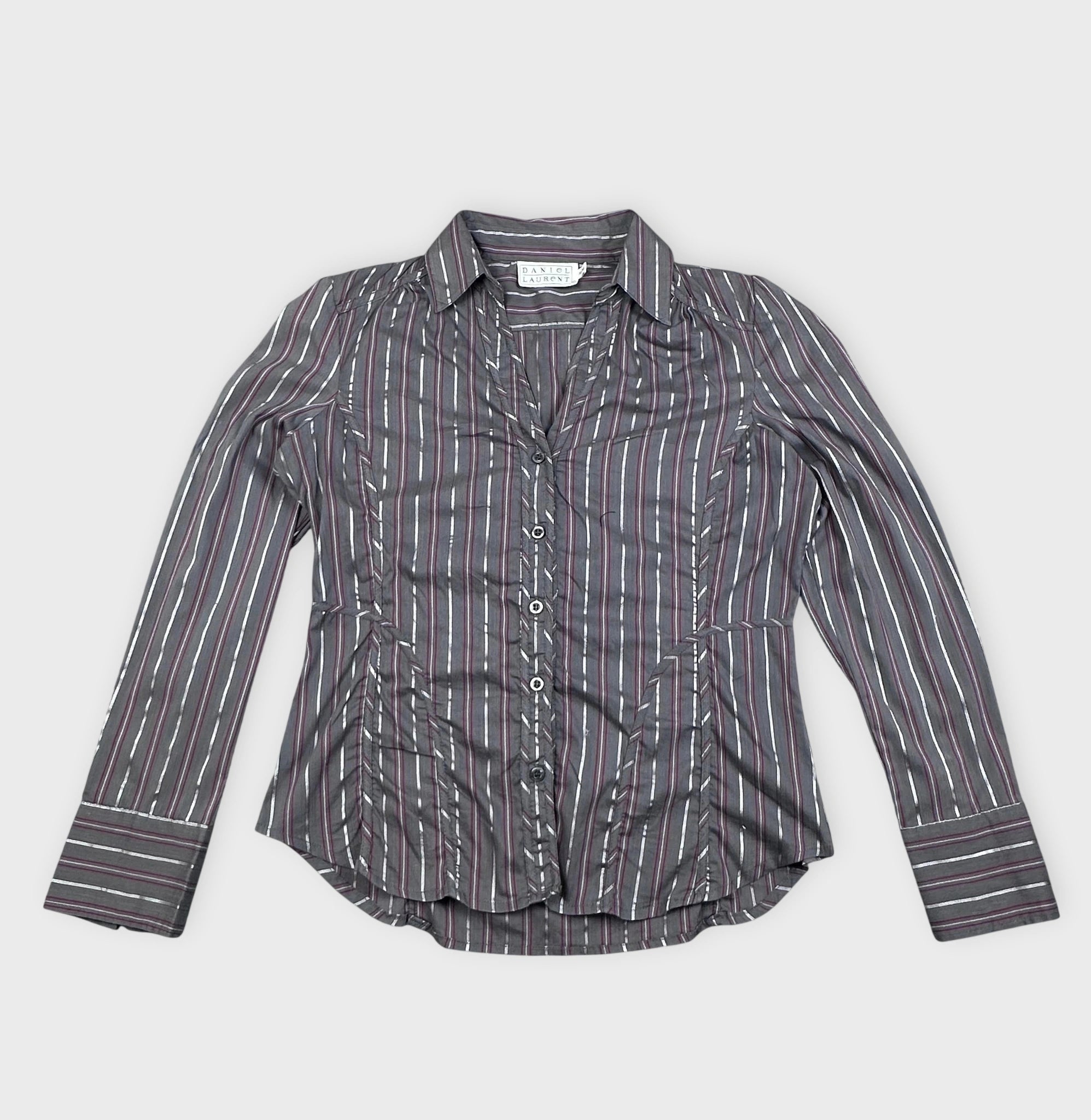 Front view of a striped long sleeve button-up shirt in gray with contrasting stripes.